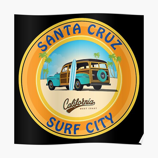 Póster «Logotipo de Surf City Santa Cruz con Woodie en la playa» de