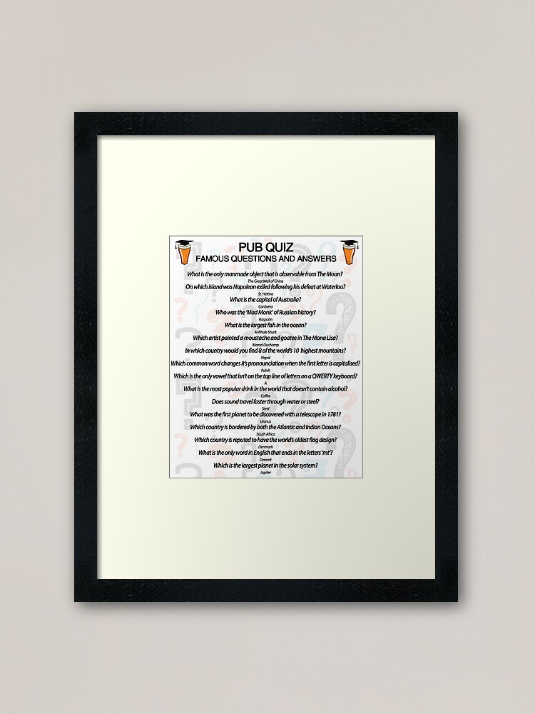 "Pub Quiz Design With 16 Questions And Answers" Framed Art Print For ...