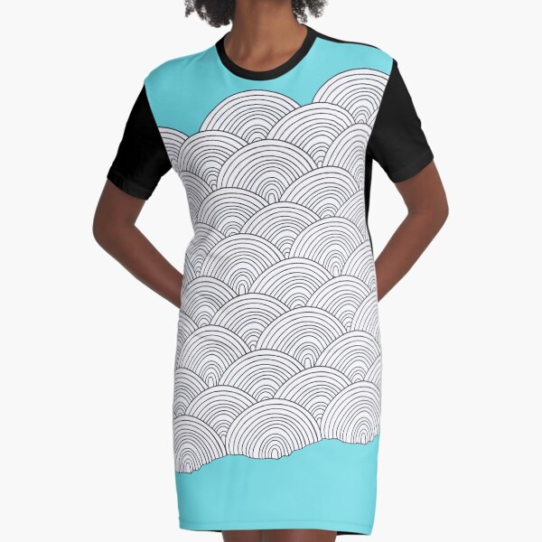 White Clouds Blue Sky Drawing Graphic T-Shirt Dress