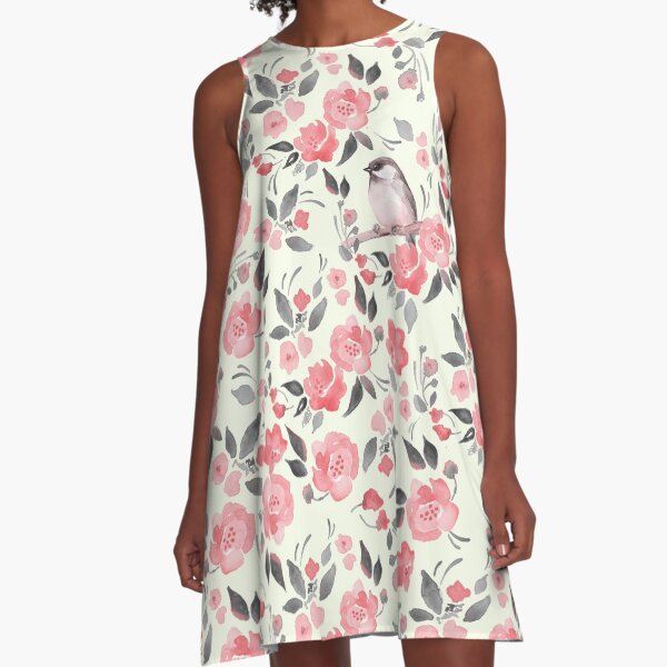 Watercolor floral background with cute bird /2 A-Line Dress