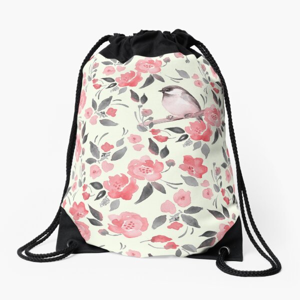 Watercolor floral background with cute bird /2 Drawstring Bag