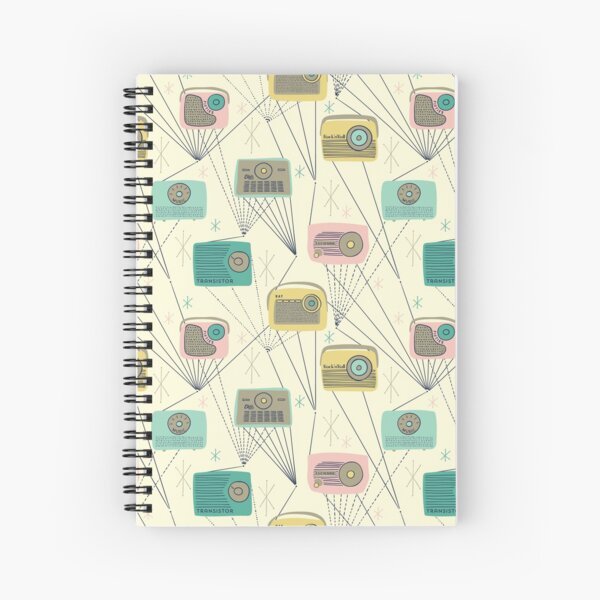 Mid-century Modern Transistor Radios and Atomic Stars / Cream Spiral Notebook
