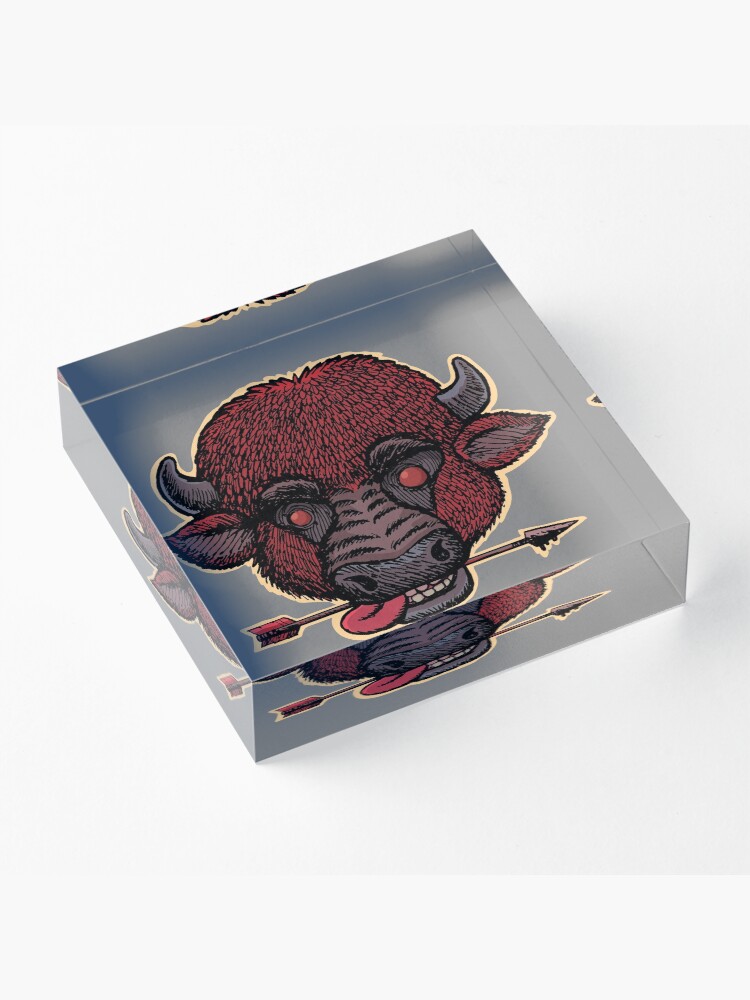 Alternate view of mad buffalo with a arrow in the teeth Acrylic Block