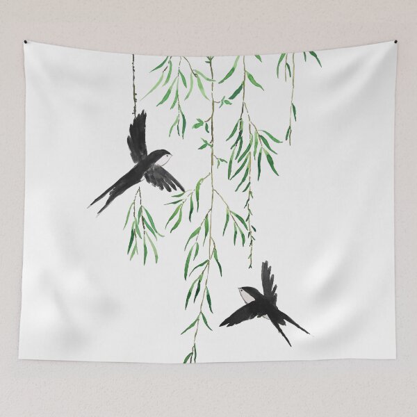 Item preview, hand painted spring willow leaf and swallows  designed and sold by ColorandColor.