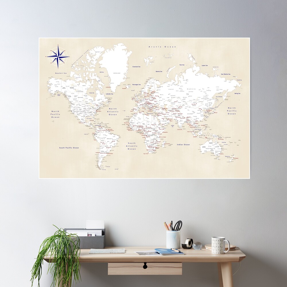 Cream, white, red and navy blue world map, "Deuce" Poster