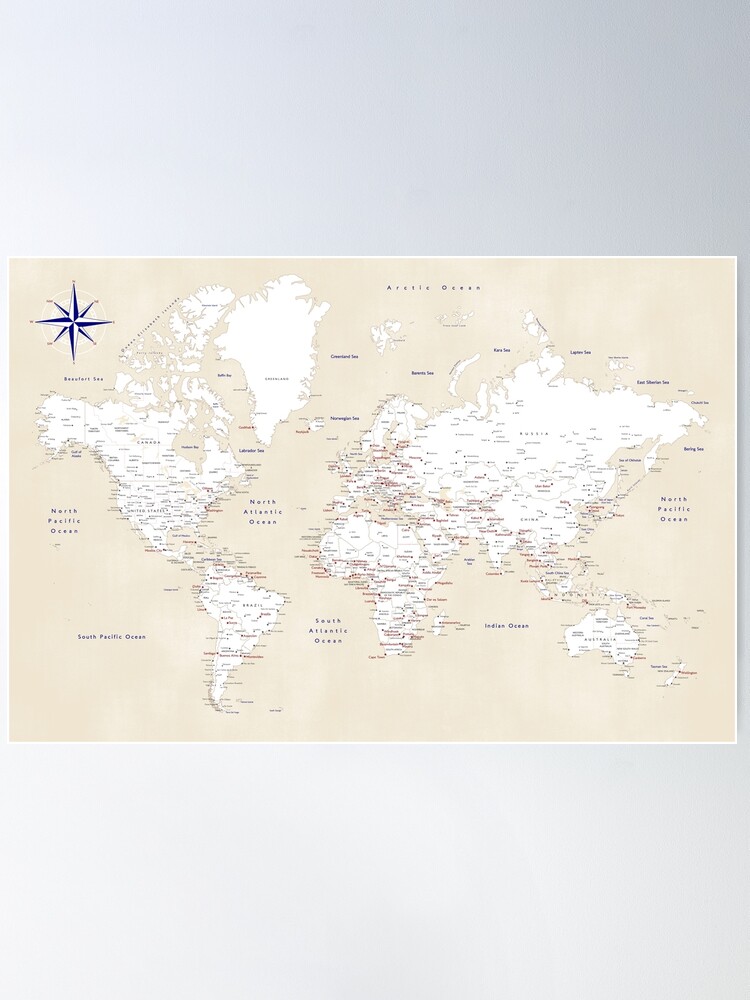 Alternate view of Cream, white, red and navy blue world map, "Deuce" Poster