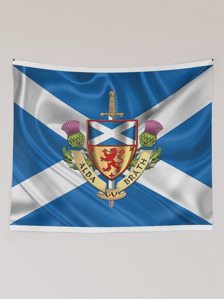 Scotland Forever - Alba Gu Brath - Symbols of Scotland over Flag of Scotland  Tapestry for Sale by Serge Averbukh
