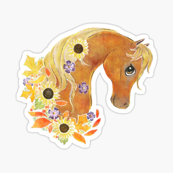 Item preview, Cheval arabe châtaigne d'automne avec des feuilles d'automne et des fleurs (fond clair) designed and sold by thaneydesign.