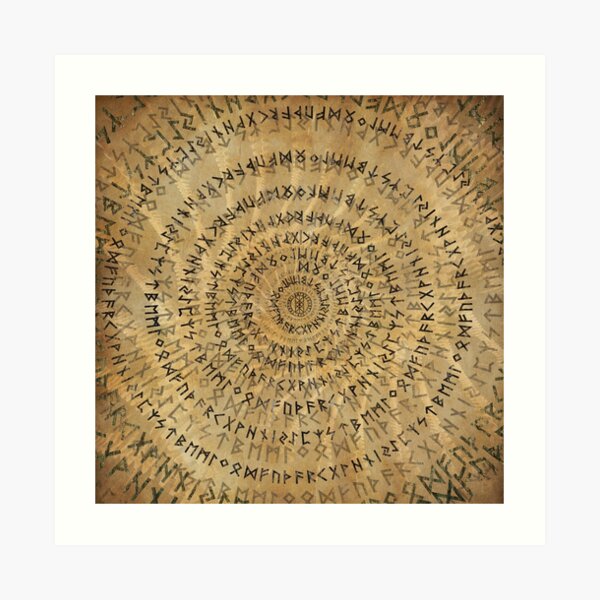Elder Futhark Spiral Art on Wooden texture Art Print
