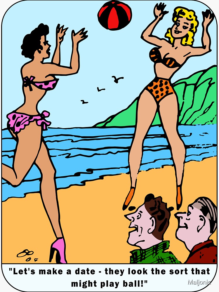 "1950 Retro Beach Volleyball Bikini Girls Dating Joke Cartoon" Sticker