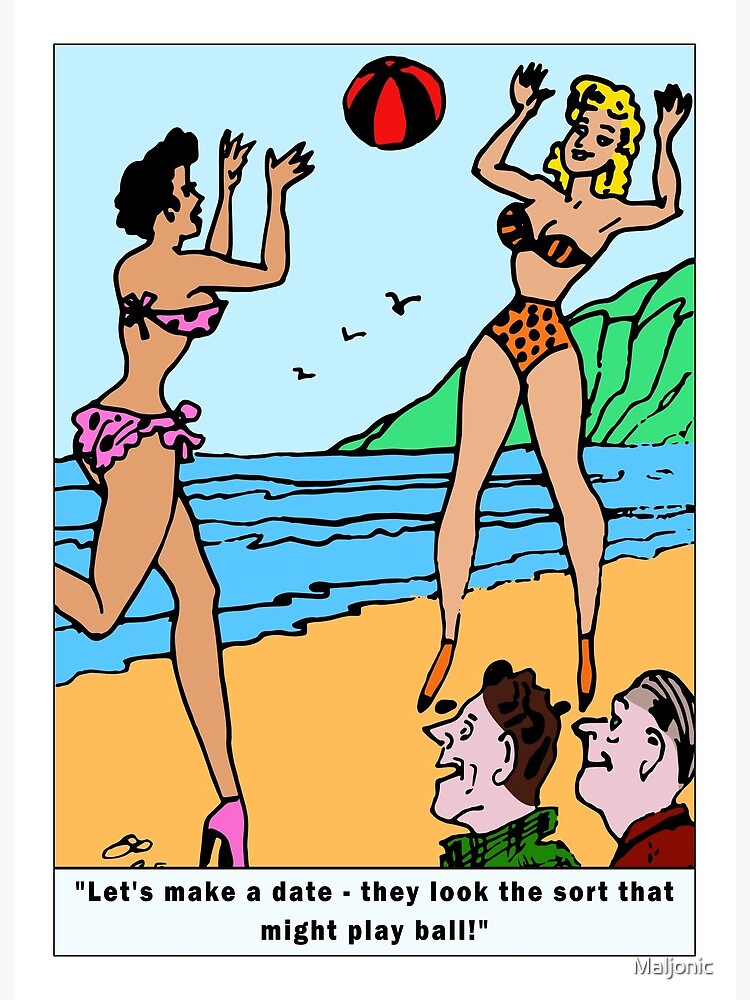 1950 Retro Beach Volleyball Bikini Girls Dating Joke Cartoon