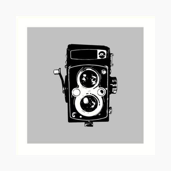 Big Vintage Camera Love - Black on Grey Background Art Print