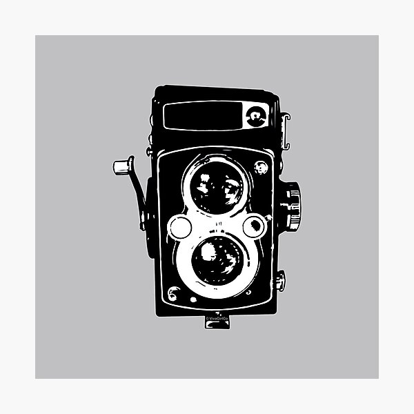 Big Vintage Camera Love - Black on Grey Background Photographic Print