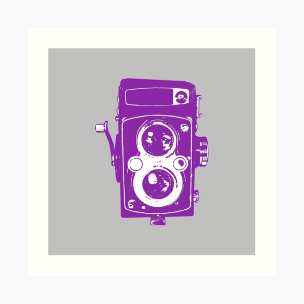 Big Vintage Camera Love - Purple on Grey Background Art Print