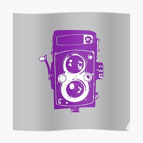 Big Vintage Camera Love - Purple on Grey Background Poster