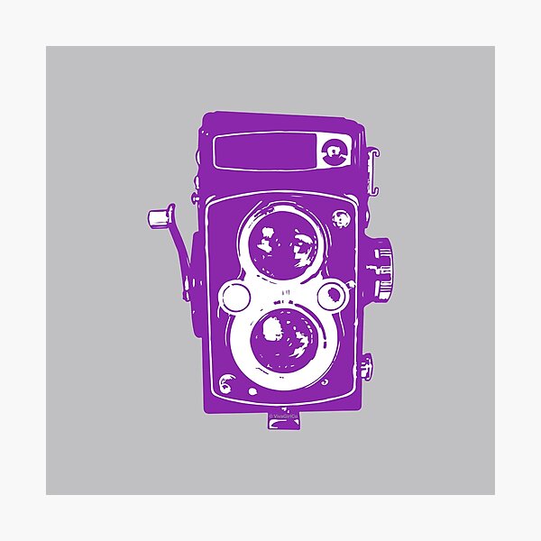 Big Vintage Camera Love - Purple on Grey Background Photographic Print