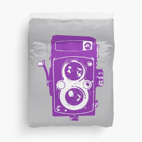 Big Vintage Camera Love - Purple on Grey Background Duvet Cover