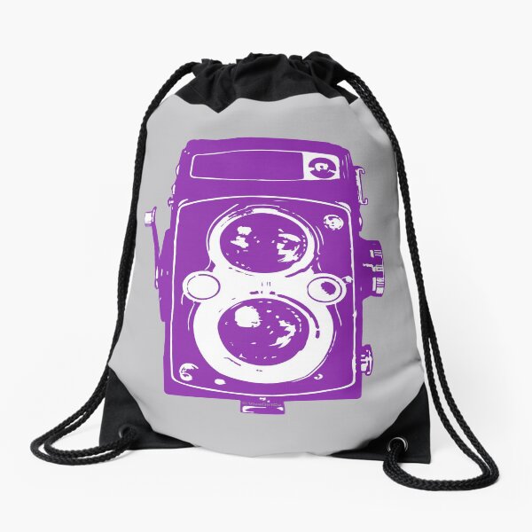 Big Vintage Camera Love - Purple on Grey Background Drawstring Bag