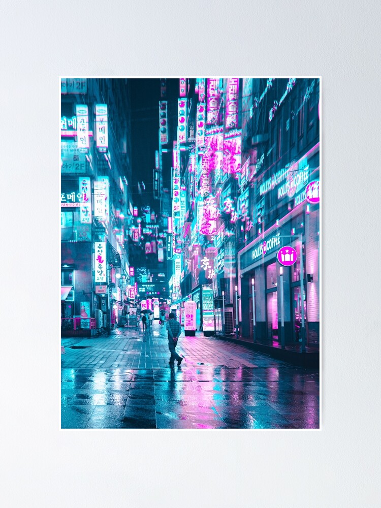 iri neon ポスター Future Rain in Neon Cyberpunk City 