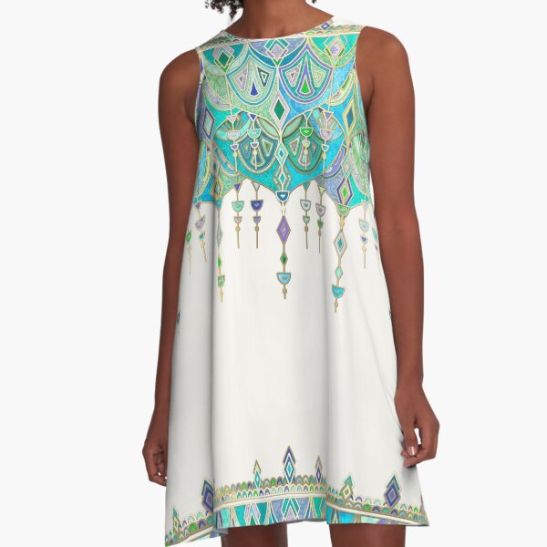 Art Deco Double Drop in Jade and Aquamarine on Cream A-Line Dress