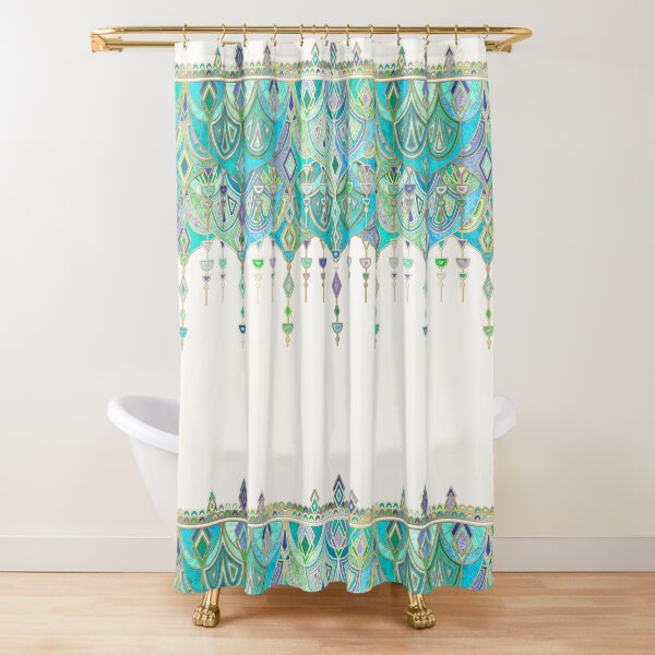 Art Deco Double Drop in Jade and Aquamarine on Cream Shower Curtain