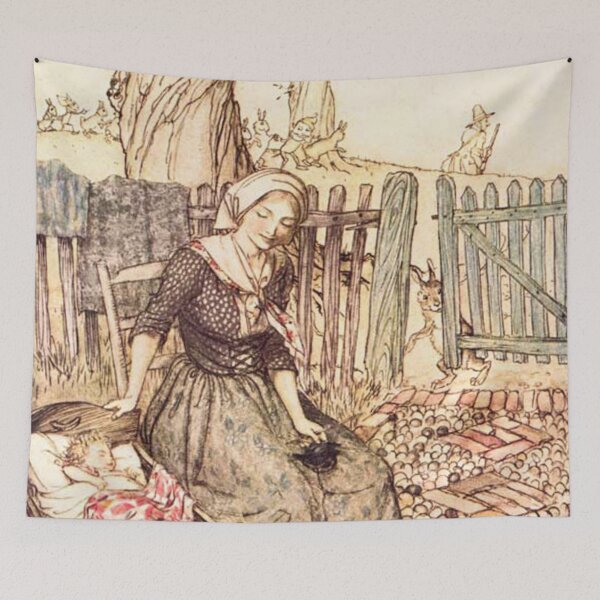 Item preview, Hare looking in on a lady with her baby - Arthur Rackham designed and sold by Vintage Designs +.