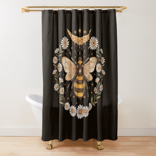 Bumble Bee Shower Curtain, Fluffy Bee with Wings, Yellow Daisy