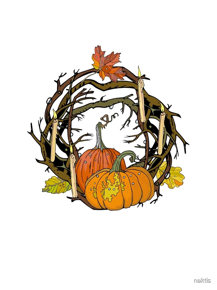 Halloween round gothic branches wreath with pumpkins, candles and leaves. by naktis