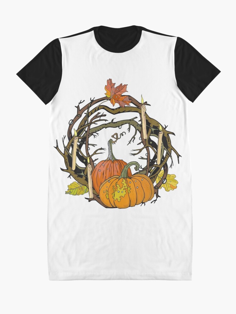Alternate view of Halloween round gothic branches wreath with pumpkins, candles and leaves. Graphic T-Shirt Dress