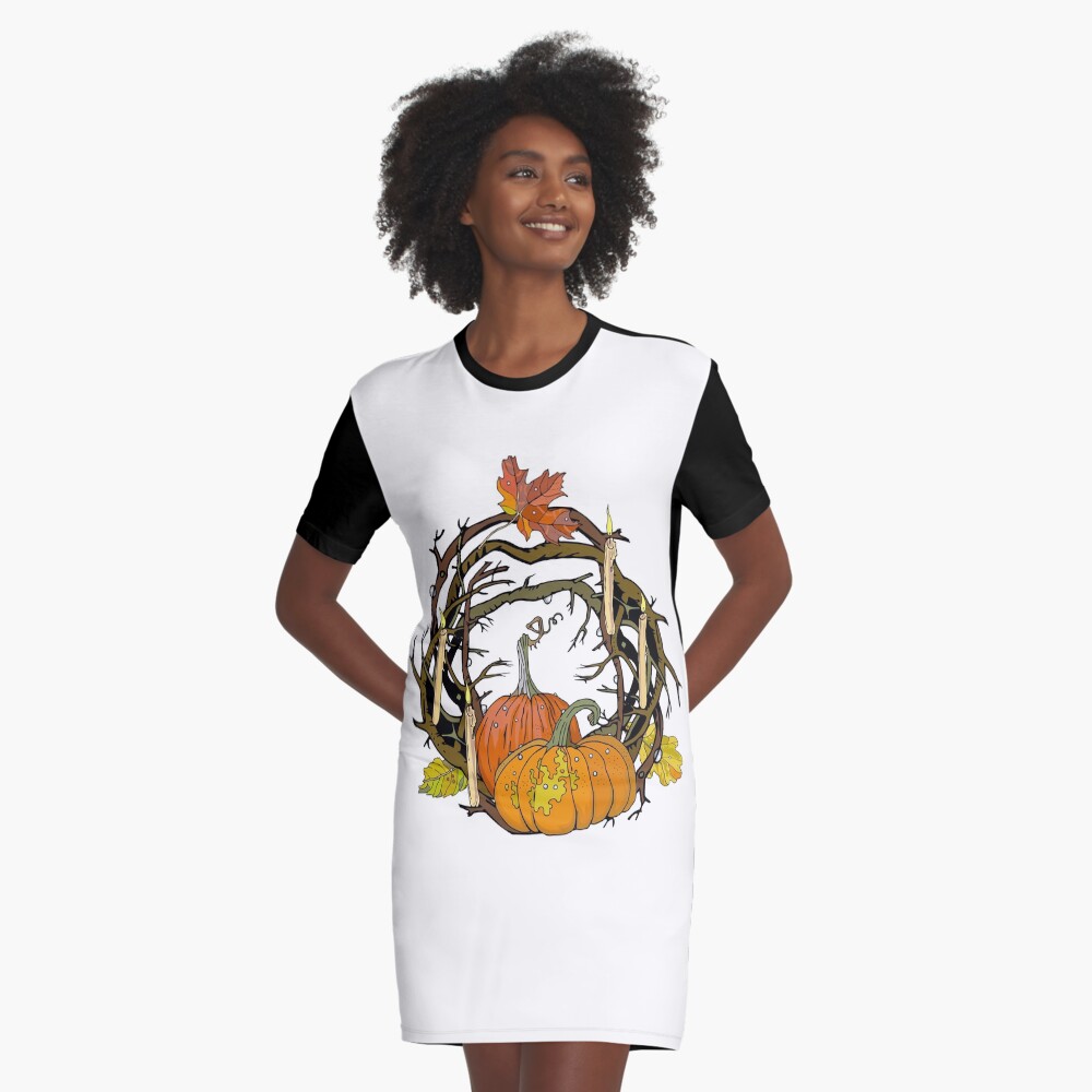 Halloween round gothic branches wreath with pumpkins, candles and leaves. Graphic T-Shirt Dress