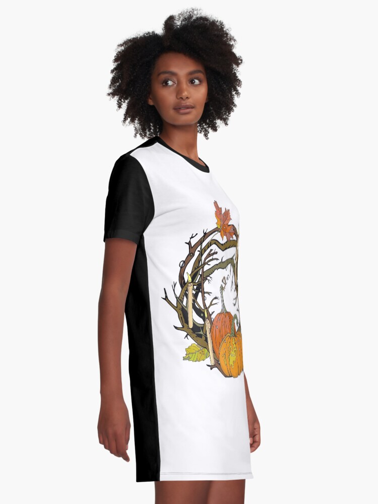 Alternate view of Halloween round gothic branches wreath with pumpkins, candles and leaves. Graphic T-Shirt Dress