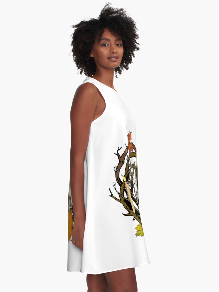 Alternate view of Halloween round gothic branches wreath with pumpkins, candles and leaves. A-Line Dress