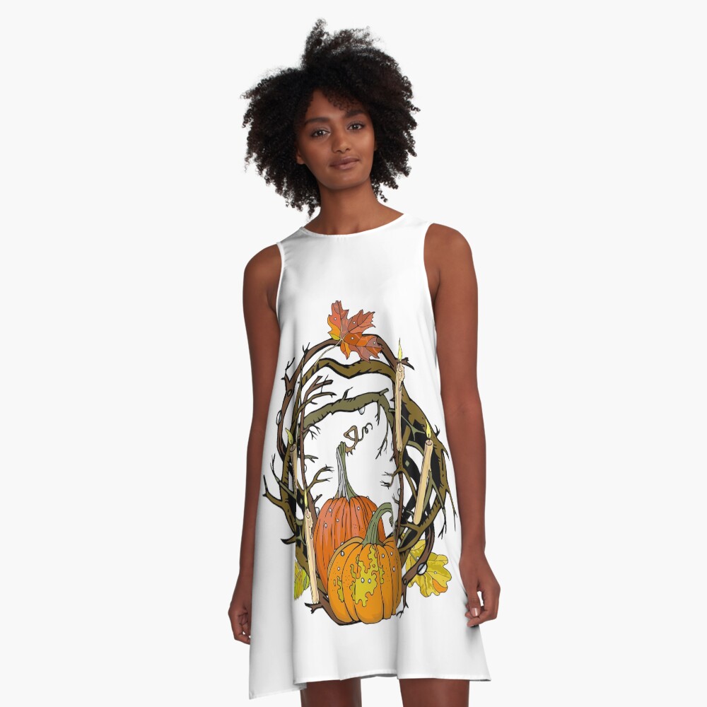 Halloween round gothic branches wreath with pumpkins, candles and leaves. A-Line Dress