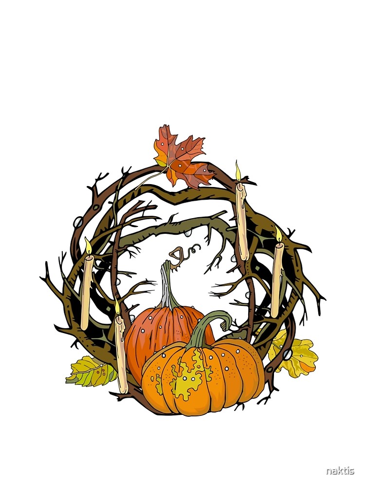 Halloween round gothic branches wreath with pumpkins, candles and leaves. by naktis