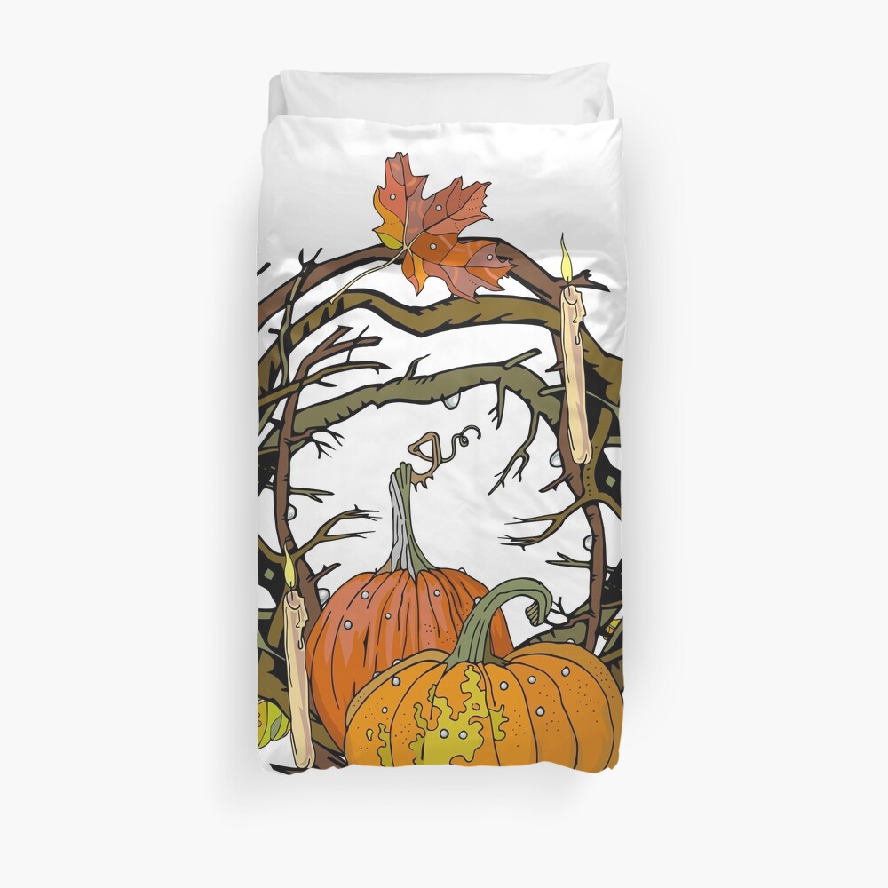 Halloween round gothic branches wreath with pumpkins, candles and leaves. Duvet Cover