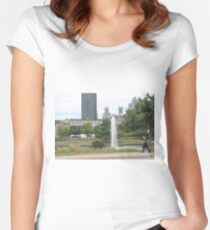 City, skyline, building, architecture, park, cityscape, downtown, urban, buildings, skyscraper, sky, panorama, business, landscape Women's Fitted Scoop T-Shirt