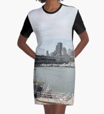 City, skyline, water, architecture, river, buildings, cityscape, building, sky, panorama, sea, urban, blue, view, downtown, landscape Graphic T-Shirt Dress