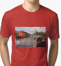 #Train, #railway, #railroad, #locomotive, #station, #transportation, #transport, #rail, #travel, #track, #engine, #diesel, #red, #platform, #old, #steam, #traffic Tri-blend T-Shirt