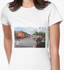 #Train, #railway, #railroad, #locomotive, #station, #transportation, #transport, #rail, #travel, #track, #engine, #diesel, #red, #platform, #old, #steam, #traffic Women's Fitted T-Shirt