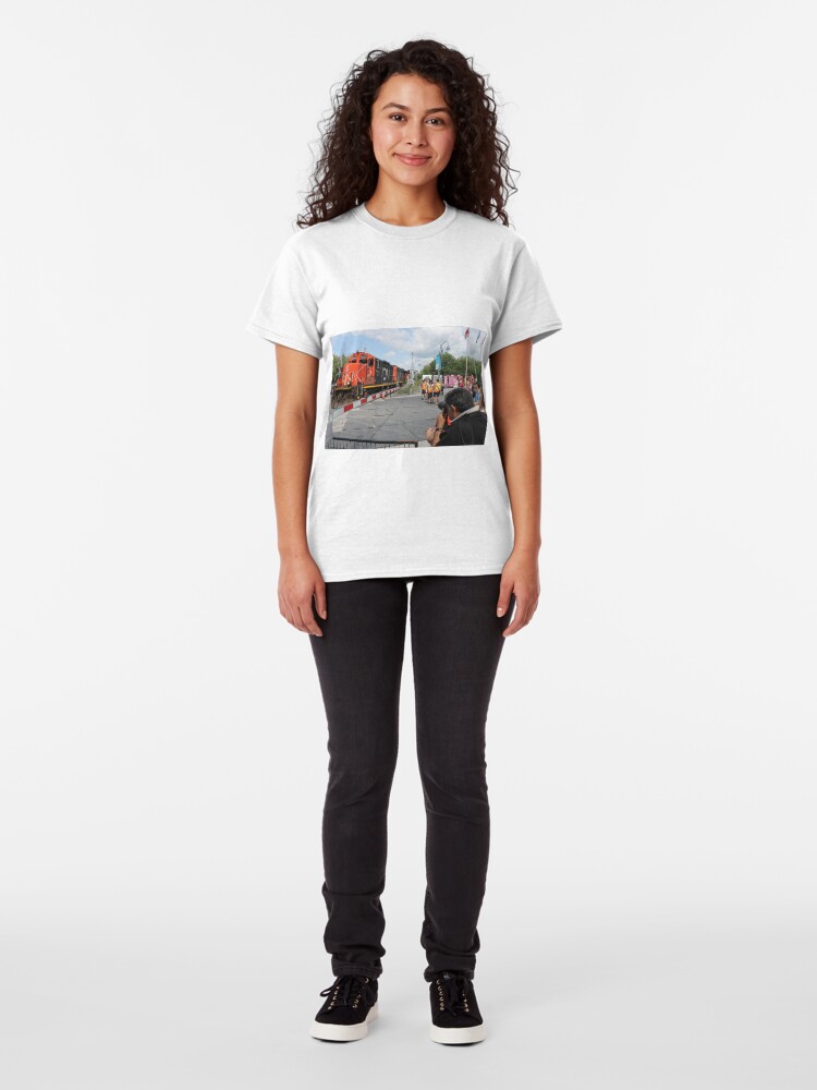 Alternate view of #Train, #railway, #railroad, #locomotive, #station, #transportation, #transport, #rail, #travel, #track, #engine, #diesel, #red, #platform, #old, #steam, #traffic Classic T-Shirt