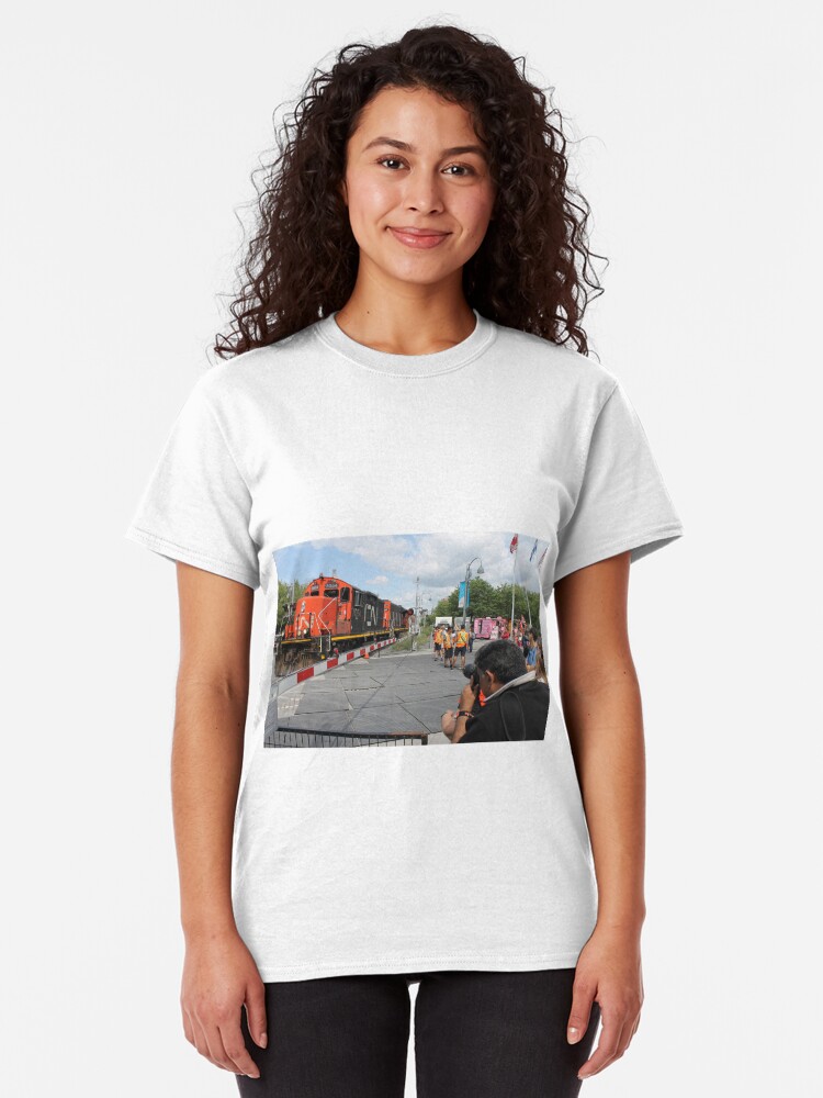 Alternate view of #Train, #railway, #railroad, #locomotive, #station, #transportation, #transport, #rail, #travel, #track, #engine, #diesel, #red, #platform, #old, #steam, #traffic Classic T-Shirt
