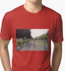 railway, train, railroad, rail, track, travel, transportation, tracks, steel, road, transport, rails, landscape, perspective, line, journey Tri-blend T-Shirt