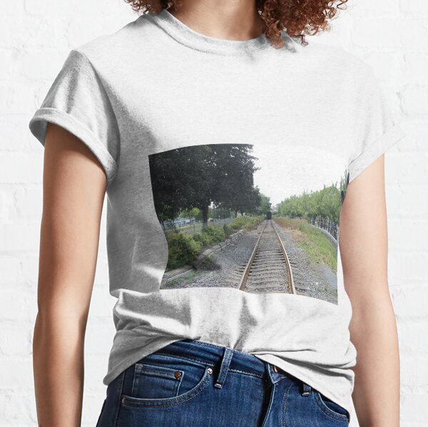 railway, train, railroad, rail, track, travel, transportation, tracks, steel, road, transport, rails, landscape, perspective, line, journey Classic T-Shirt