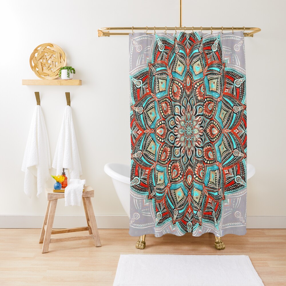 "Teal, Red and Black Boho Painted Mandala" Shower Curtain for Sale by