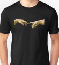 Berührung von Gott, Die Erschaffung Adams (Nahaufnahme), Michelangelo, 1510, Genesis, Decke, Sixtinische Kapelle, Rom, auf SCHWARZ Slim Fit T-Shirt