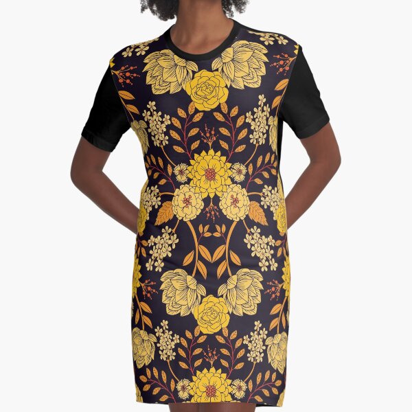 Yellow, Orange & Navy Blue Dark Floral Pattern Graphic T-Shirt Dress