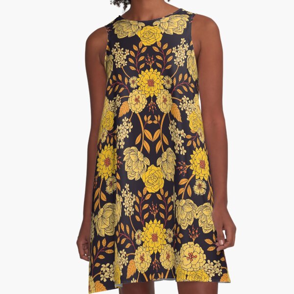 navy dress with orange flowers