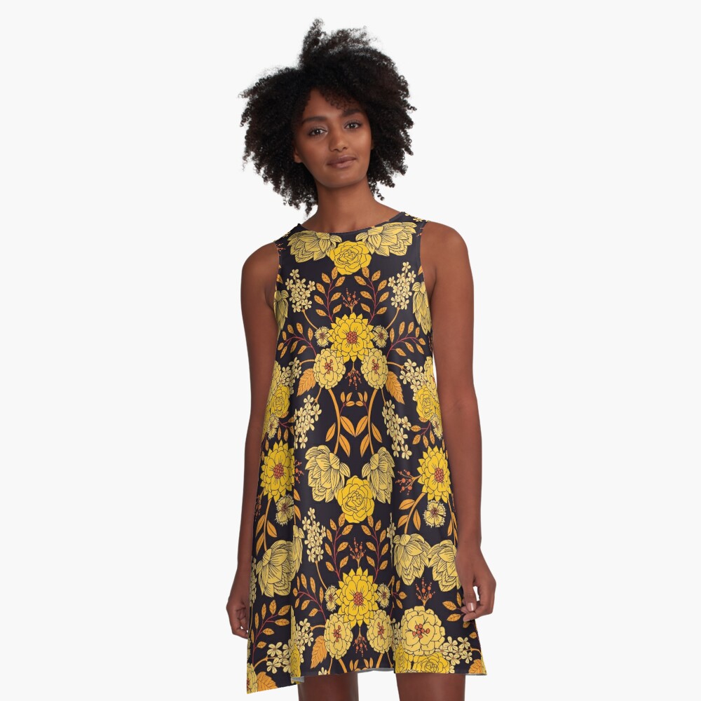 navy and yellow floral dress