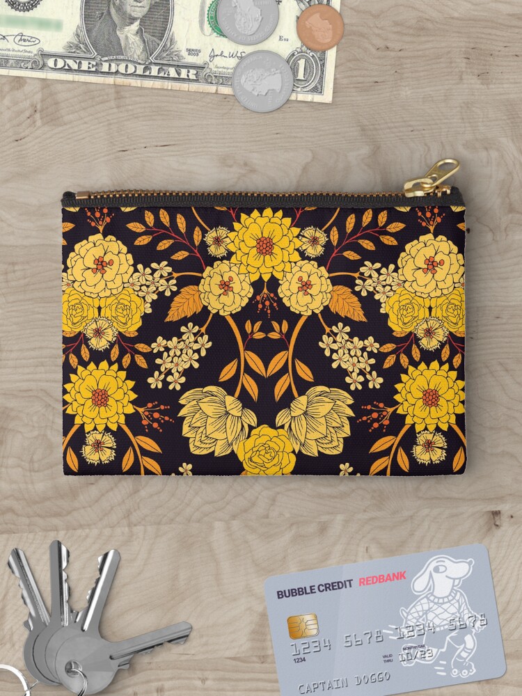 Thumbnail 3 of 4, Zipper Pouch, Yellow, Orange & Navy Blue Dark Floral Pattern designed and sold by somecallmebeth.