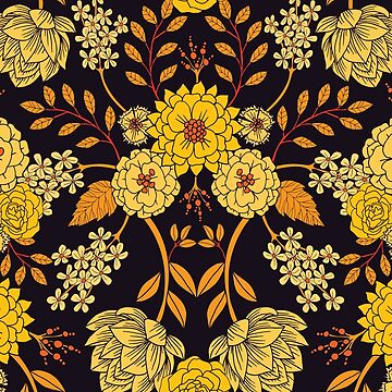 Artwork thumbnail, Yellow, Orange & Navy Blue Dark Floral Pattern by somecallmebeth
